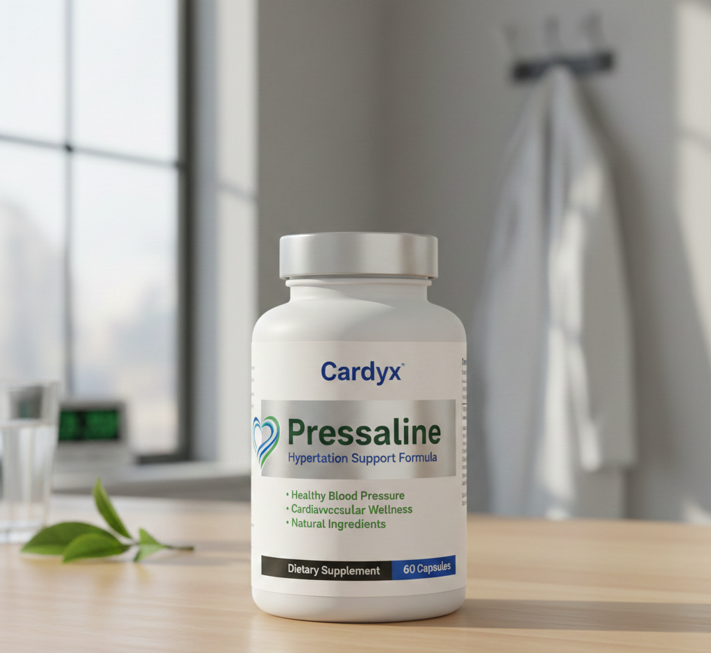 Pressaline balení - elegantní bílá krabička s modrým a červeným designem, uvnitř lahvička s přírodními kapslemi na podporu kardiovaskulárního zdraví